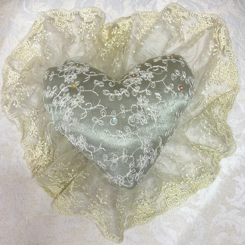 Victorian French Lover Lace Heart Pillow Hand Crafted Vintage Cottage Decor Pink